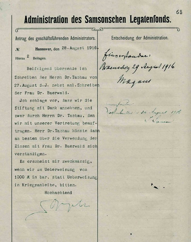 Im Lauf der Zeit erhielt der Legatenfonds weitere Stiftungen, nicht alle davon aus der Familie Samson. 1916 stiftete Frau Dr. Baerwald ein Kapital von 1000 Mark im Gedenken an ihren im 1. Weltkrieg gefallenen Sohn Robert, einen ehemaligen Samsonschüler.