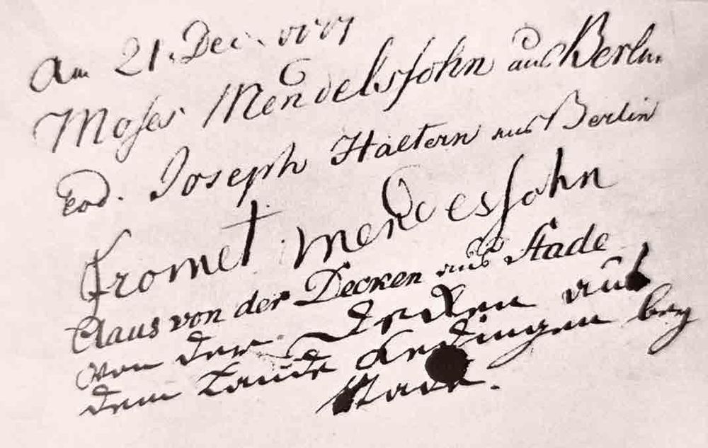  Während ihres Aufenthaltes in Wolfenbüttel besuchten  Moses und seine Ehefrau Fromet Mendelssohn auch  die  Herzogliche Bibliothek und trugen sich am 21. Dezember 1777  in das Gästebuch ein.