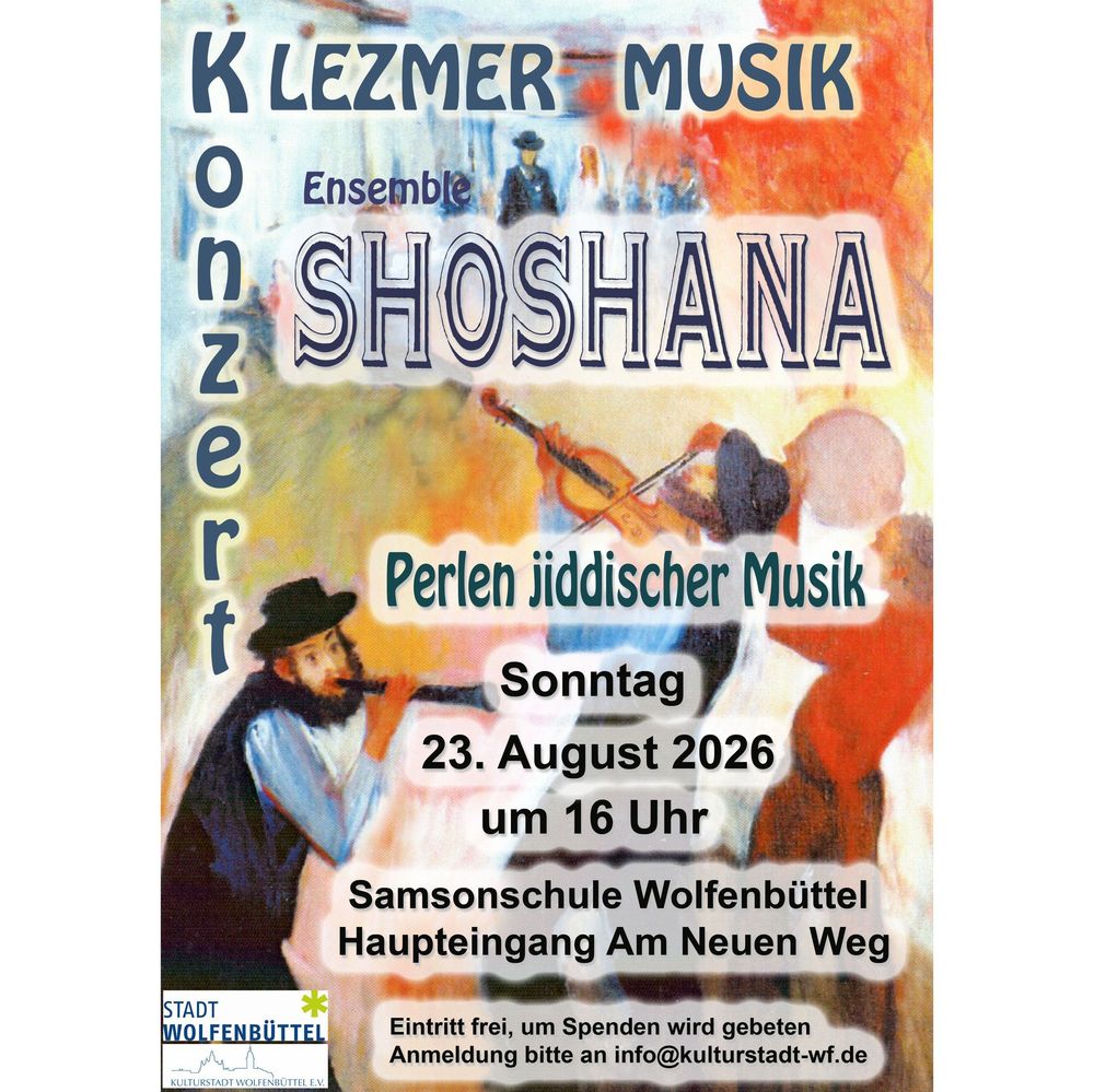 Veranstaltungsplakat zum Klezmer-Konzert "Perlen jiddischer Musik" des Ensembles Shoshana am 23. August in der Samsonschule Wolfenbüttel